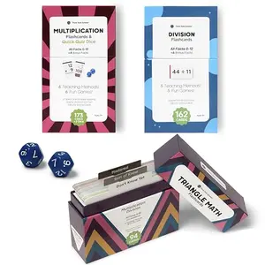 Box of Think Tank Scholar flash cards with jumbo cards, dice, and divider tabs spread on a table
