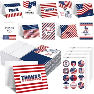 Bulk pack of 100 patriotic thank-you cards with bright flag designs, matching envelopes, and 10 sheets of stickers.