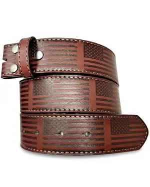 Embossed leather belt strap with American flag pattern by BC Belts with snap ends for buckle attachment