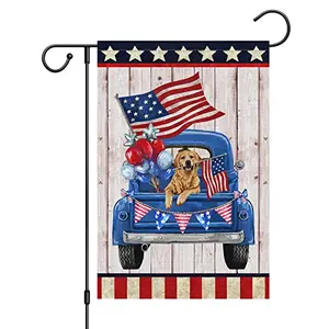 Louise Maelys double-sided golden retriever dog flying American flag in truck garden flag