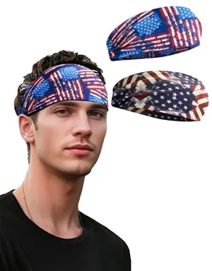 Close-up of JHYWELL non-slip headband with flag design showing tapered back fit on athlete
