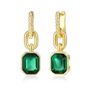 18k gold plated hoop earrings with emerald green and clear crystals, trendy twisted design