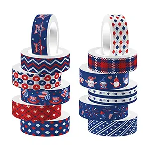 Set of red, white, and blue washi tape rolls fanned out on a white surface