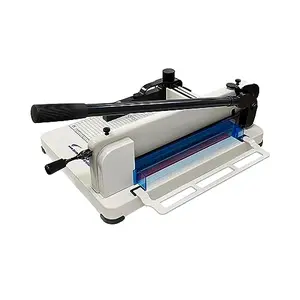 HFS industrial-grade guillotine cutter cutting a thick stack of paper