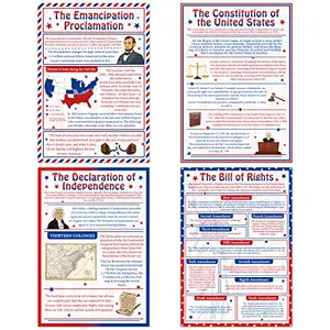 Set of four laminated historical document posters including the Bill of Rights pinned on a bulletin board