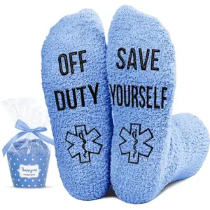 Blue fuzzy EMS socks with Off Duty Save Yourself message for paramedic