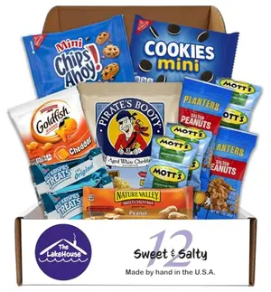 Compact snack box with 12 individually wrapped sweet and salty snacks