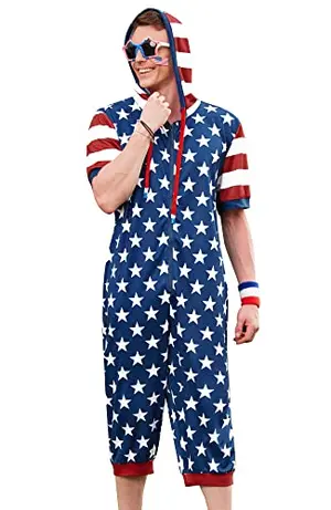 Mainfini men's American flag onesie with hood and pockets, ideal for a relaxed 4th of July BBQ