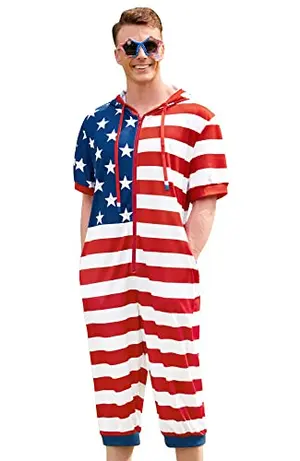 Mainfini men's American flag onesie with hood and pockets