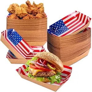 Stack of red white blue patriotic paper food boats on a table