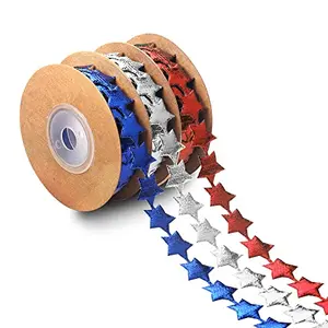 Three rolls of sparkly red, blue, and silver faux leather star ribbon