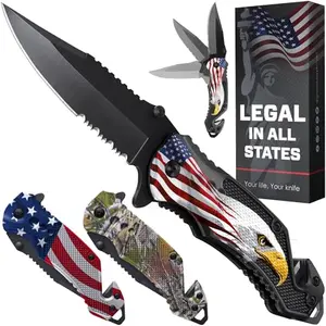 GOOD WORKER Bald Eagle 5-in-1 survival knife with American flag handle, serrated blade, and glass breaker