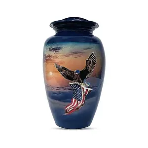 Metal urn with American flag and eagle design, polished finish