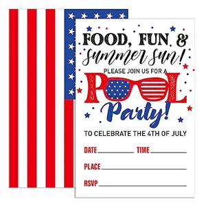 Red white and blue double-sided patriotic pool party invitations with envelopes
