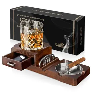 Grovind wooden ashtray with stainless steel insert and whiskey glass holder