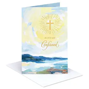 American Greetings confirmation card with watercolor landscape and gold cross