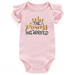 Pink cotton baby bodysuit with 'The Princess Has Arrived' gold text and ruffle sleeves