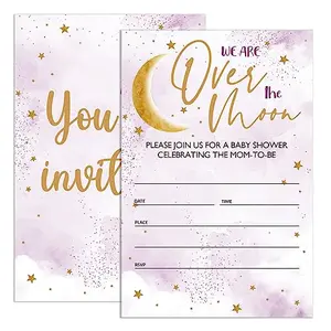 Purple star-themed baby shower invitations with envelopes, featuring 'We Are Over The Moon' text