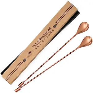 A Bar Above bar spoon set with one spiral and one smooth handle, antique copper finish