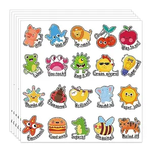Sheet of school reward stickers featuring cartoon food and animals with bright colors