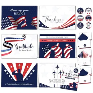 Assortment of 24 veteran thank you cards with pre-printed messages inside, featuring patriotic flag and military designs, with envelopes and stickers.