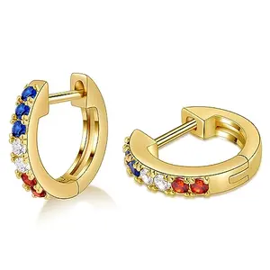 Small gold huggie hoop earrings with American flag colored cubic zirconia stones