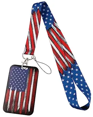 American flag printed lanyard with a clear plastic ID card case attached