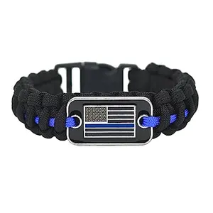 Thin blue line paracord bracelet with metal flag emblem