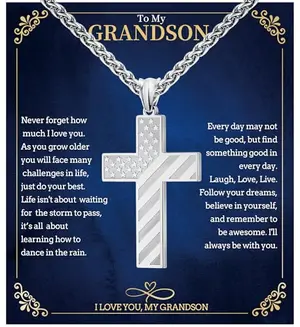 American Flag cross necklace with inspirational message from grandma to grandson