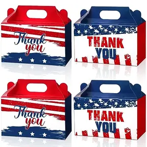 Stack of red, white, and blue patriotic gift boxes with 'thank you' design and handles