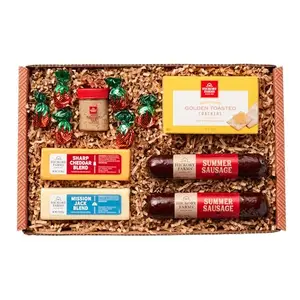 Hickory Farms small farmhouse meat and cheese gift basket with summer sausage and cheese on a wooden board