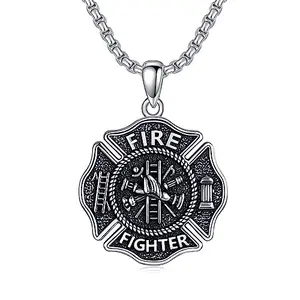 925 sterling silver firefighter pendant necklace with fire helmet, ladder, and rope design