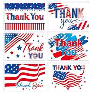 Pack of 24 patriotic thank you cards with six different American flag designs, white envelopes, and round seal stickers.
