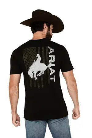 Ariat Men's Bronco Flag T-Shirt with faded American flag and bucking horse design