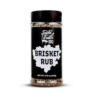 Smoke Trails BBQ Brisket Rub jar with smoked brisket bark detail