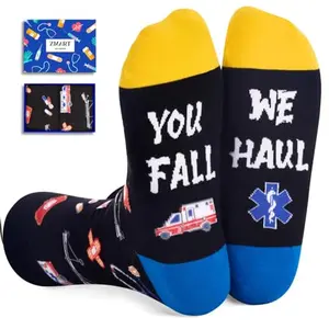 Funny EMS socks with ambulance icons and You Fall We Haul message