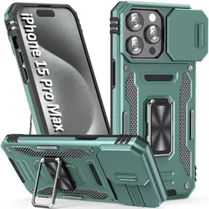 SEFING armor case for iPhone 15 Pro Max in alpine green with slide camera cover and ring stand