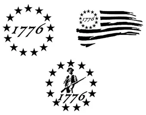 Set of three 1776 themed vinyl decals including Betsy Ross flag and Minute Man