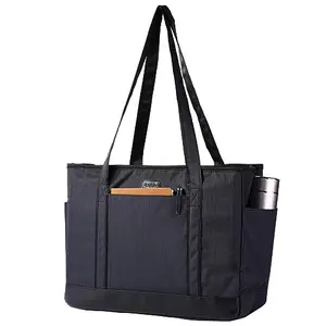 Black and blue teacher tote bag with multiple exterior pockets