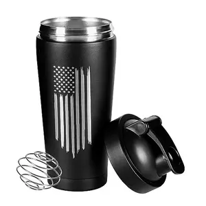 Military Gift Shop 24oz Insulated Stainless Steel Shaker Bottle with Engraved Torn American Flag Design