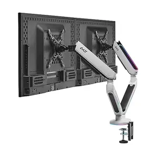 AVLT white RGB dual monitor arm with colorful lighting and two gaming monitors