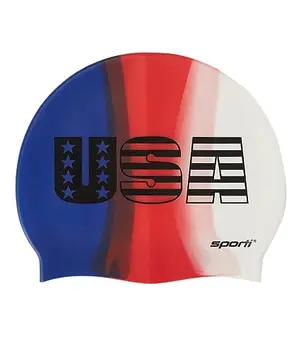 Sporti multi-color USA silicone swim cap, vibrant red white and blue design for enhanced visibility and performance