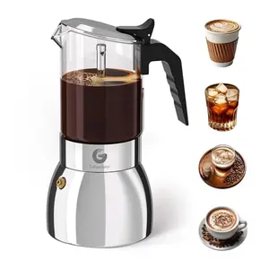 Coffee Gator stainless steel moka pot with glass kettle and silver body