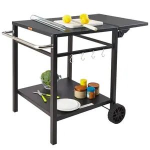 VEVOR BBQ movable food prep table with double shelves and foldable side table