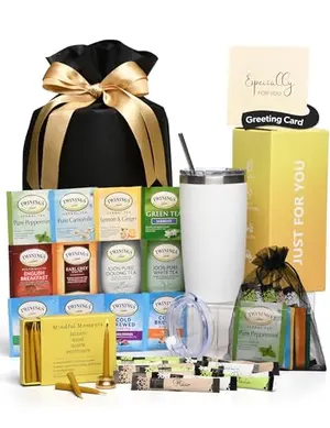 Tea Lovers Gifts Basket with 12 tea bags, insulated tumbler, meditation candles, sweeteners, in gift bag