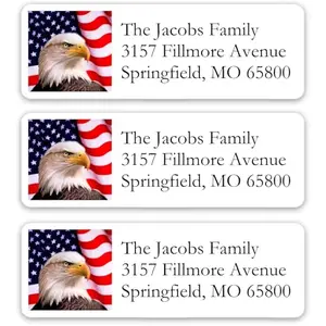 Small white mailing labels with American flag and eagle design