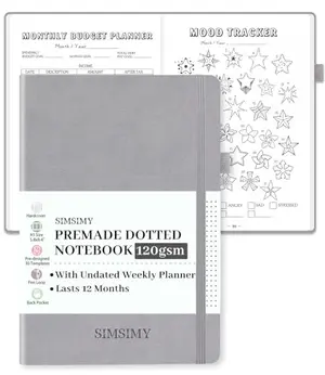 SIMSIMY gray dotted journal with premade templates, open showing weekly spread