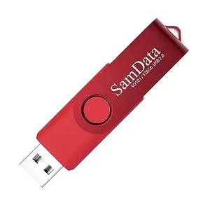Red SamData USB 2.0 flash drive with 360-degree rotating metal clip