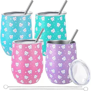 Four colorful Umigy dental tumblers with tooth designs and straws