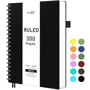 Black spiral notebook with pen holder, ruler, and inner pocket